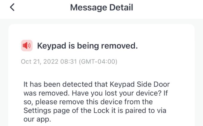 SwitchBot Keypad Removed Alert